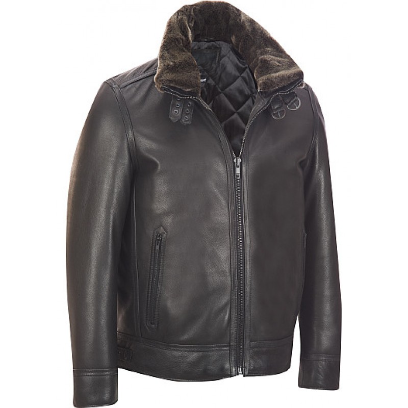 Leather Bomber Jacket w/ Faux-Fur Collar